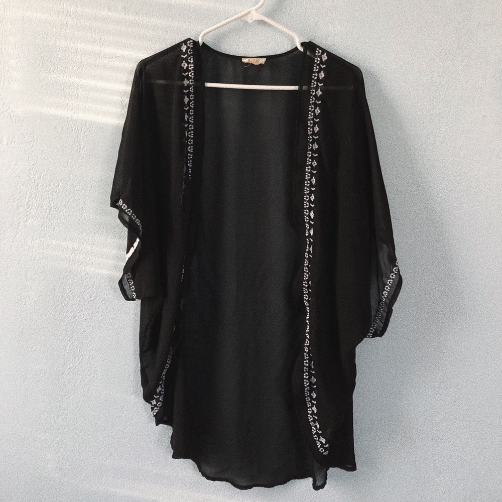 Sheer Black LA Hearts Floral Embroidered Kimono